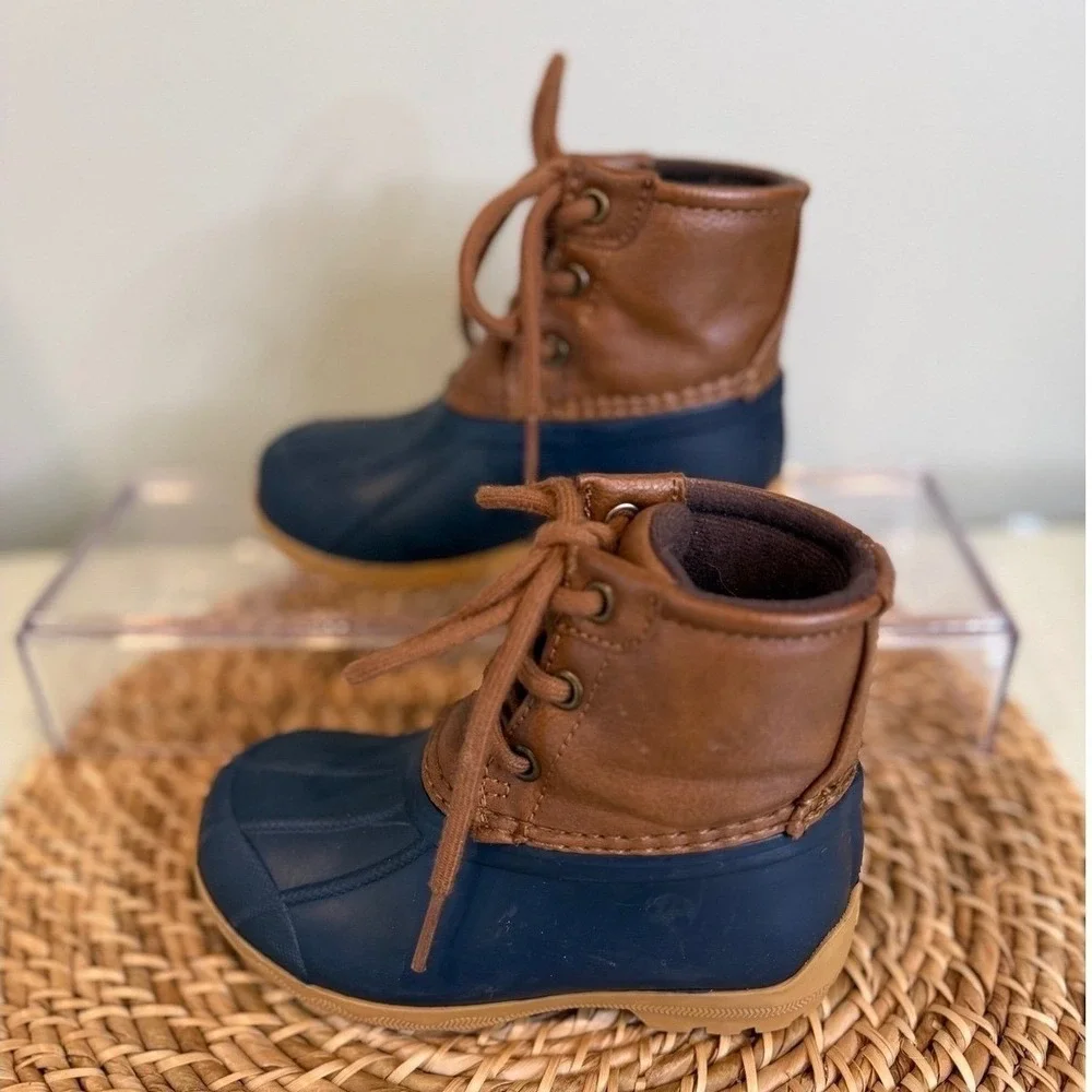 Sperry Boot Navy Rubber Leather Lace Up Waterproof Boots Kids Snow Rain Size 7M